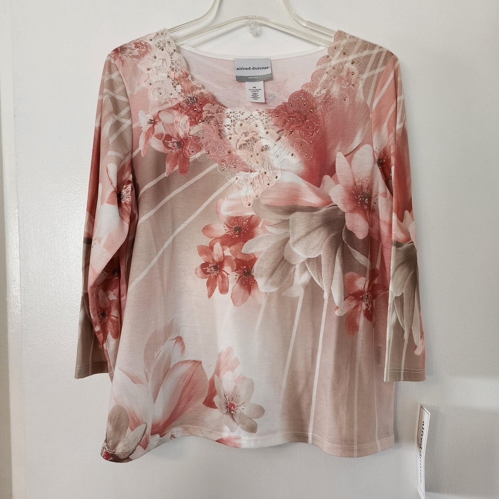 PS vintage light pink and taupe floral top 3/4 sleeve, petite small